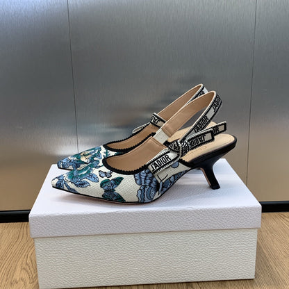 JAdior Slingback Pump 65 Pastel Midnight Blue Multicolor Embroidered Cotton with Toile de Jouy Mexico Motif