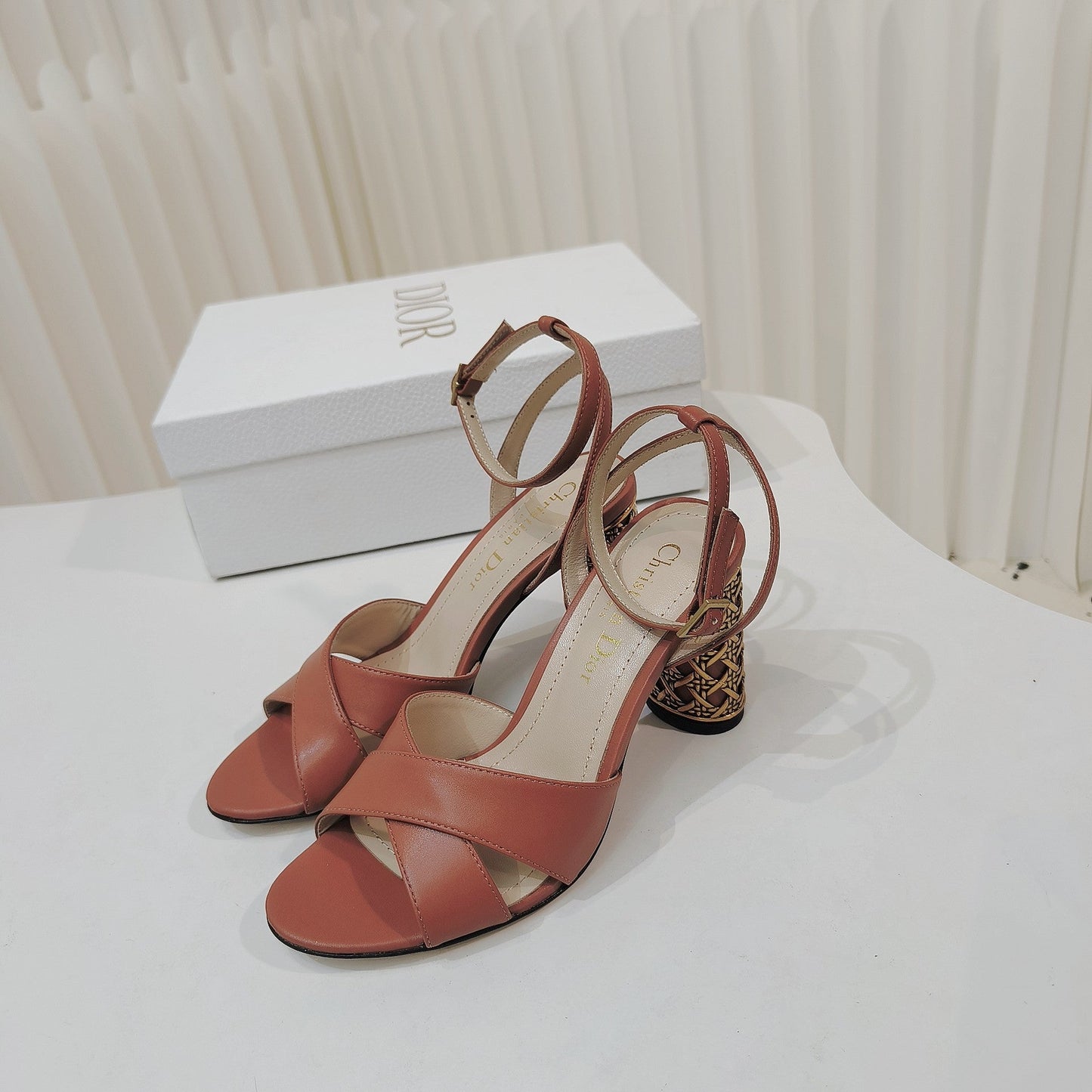 CD 26s Criss-Cross Strap Sandals 8cm Tan Leather 927498