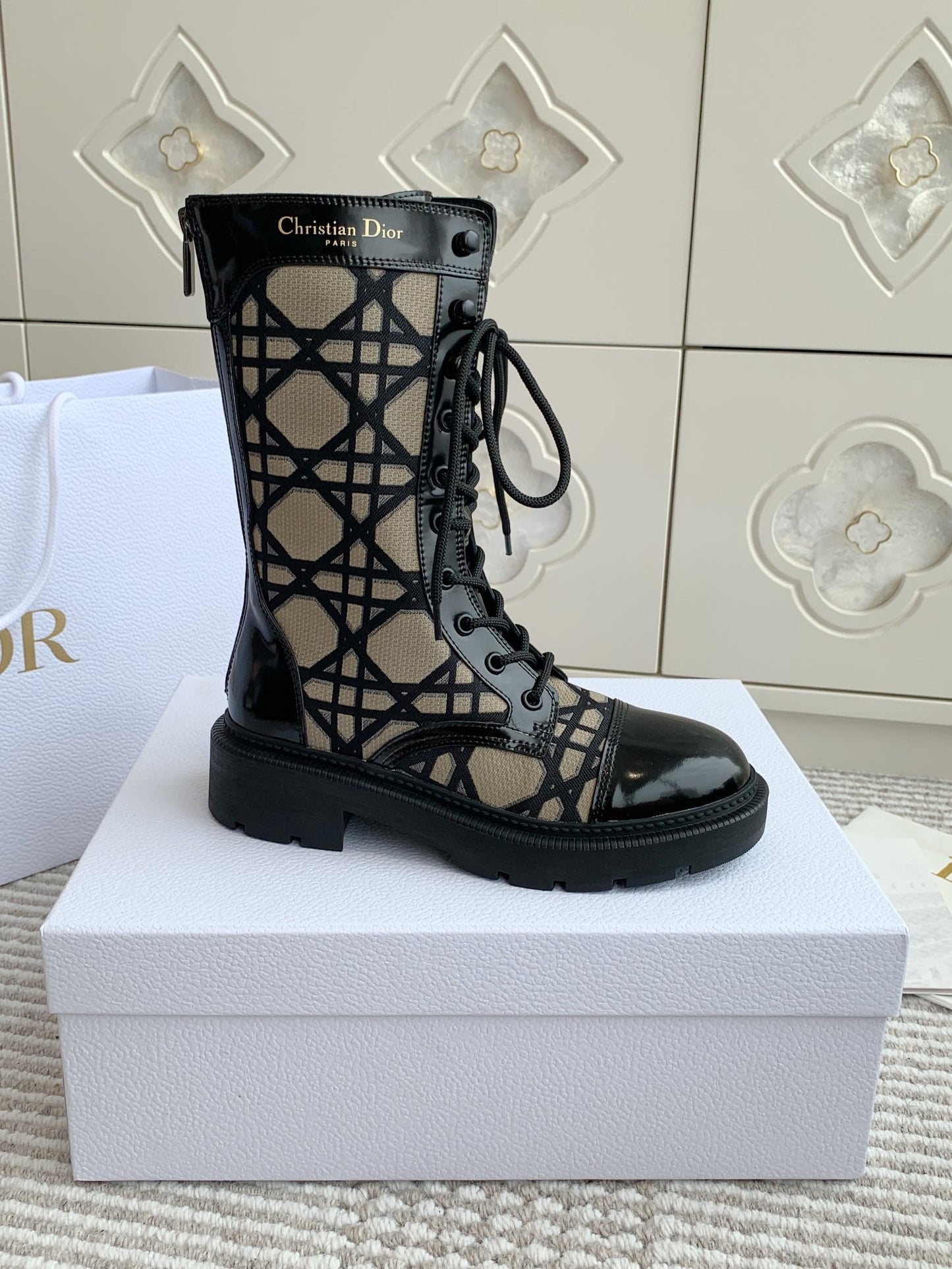 CD D-Unit Ankle Boot In Dark Beige Mix Black Canvas And Glossy Cowhide 105082