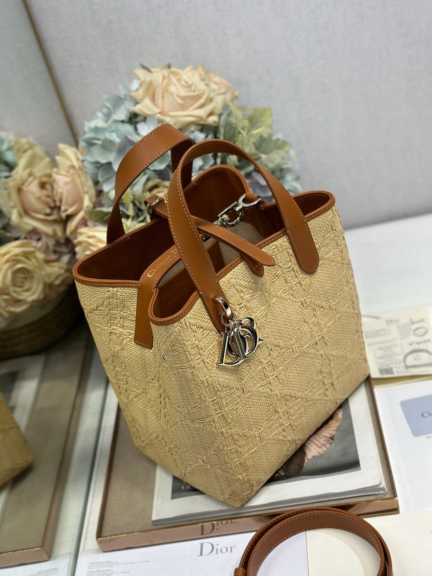 CD Medium Toujours Vertical Tote Bag 23cm Natural Cannage Raffia 288651
