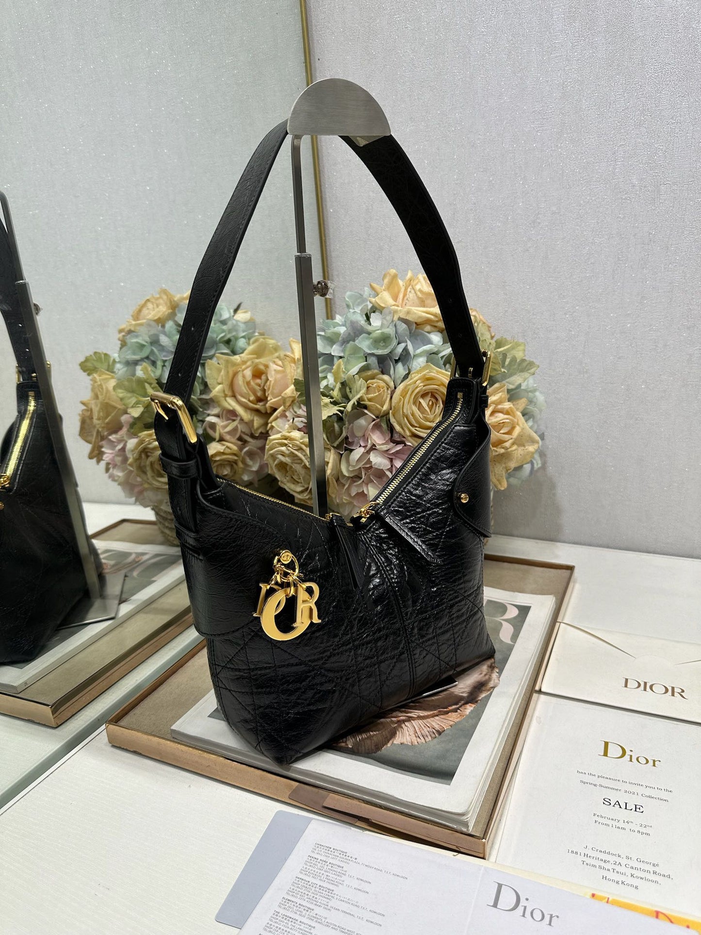 CD Small Dior Voyage Bag 22cm Black Glossy Macrocannage Calfskin 288624