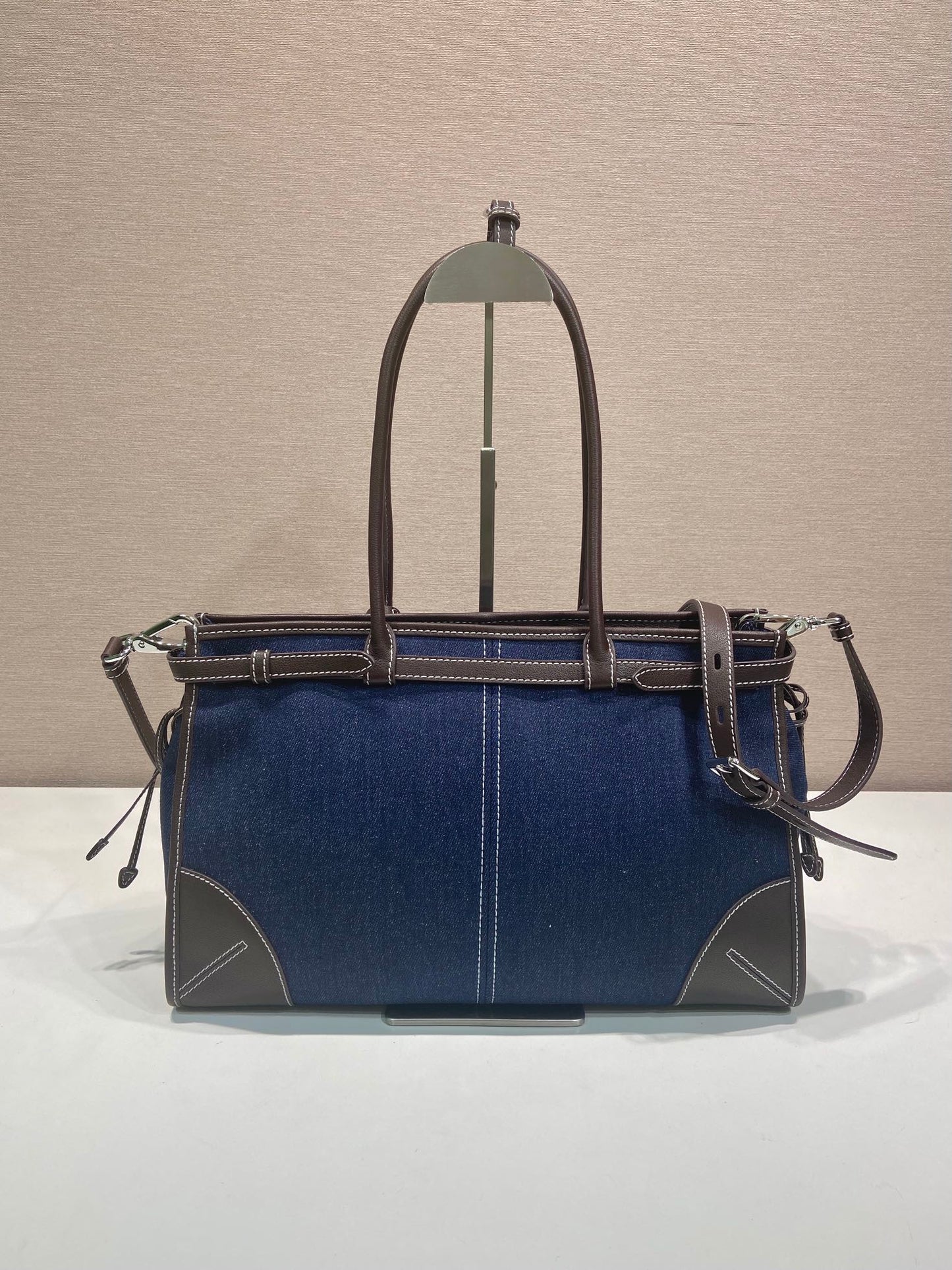 Prada 2026 Bonnie Bag 38cm Blue Brown Denim Leather 351797