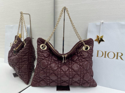 CD Small Cannage Quilted Tote Bag Burgundy Cowhide 158102