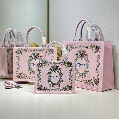 CD Medium Dioriviera Book Tote Pink Embroidered Canvas 158040