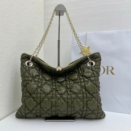 CD Small Cannage Quilted Tote Bag Olive Green Cowhide 158911