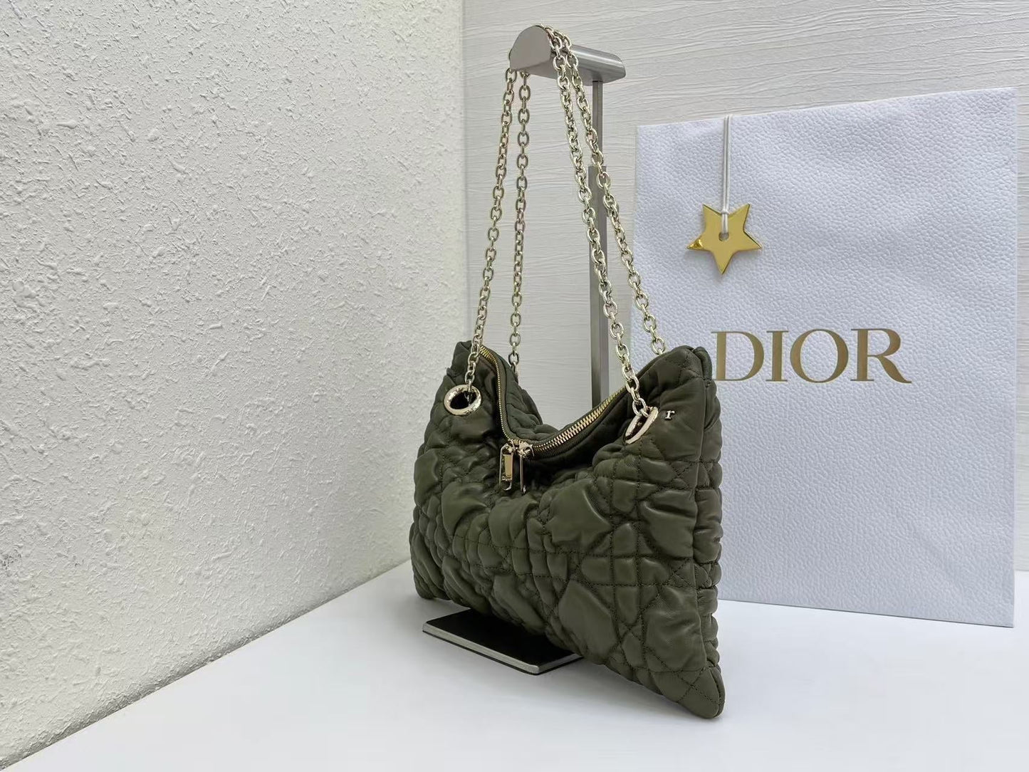 CD Small Cannage Quilted Tote Bag Olive Green Cowhide 158911