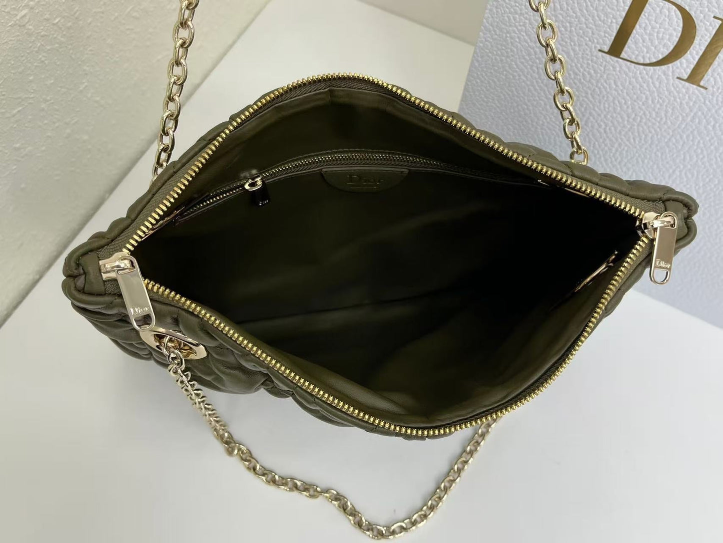 CD Small Cannage Quilted Tote Bag Olive Green Cowhide 158911