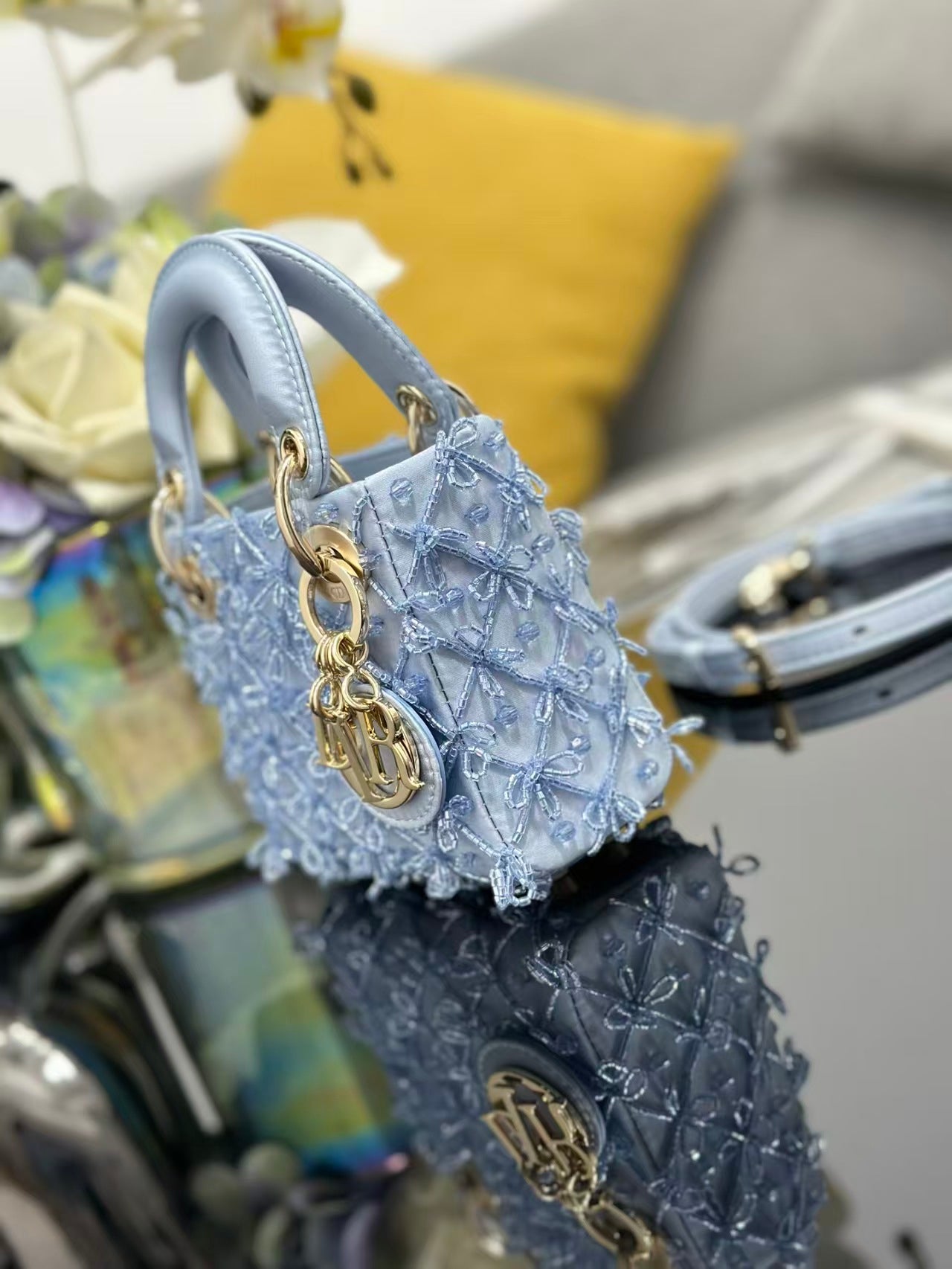 CD Mini Lady Dior 12cm Blue Beaded Embroidered Cowhide Leather GHW 158589