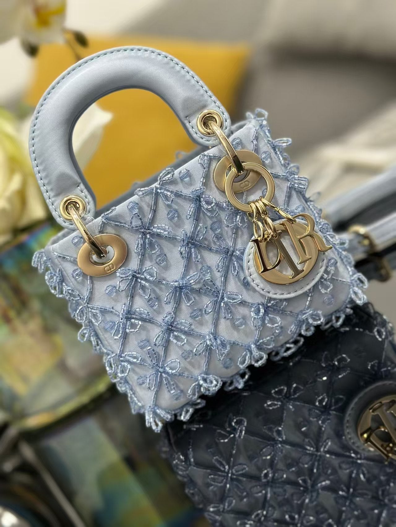 CD Mini Lady Dior 12cm Blue Beaded Embroidered Cowhide Leather GHW 158589