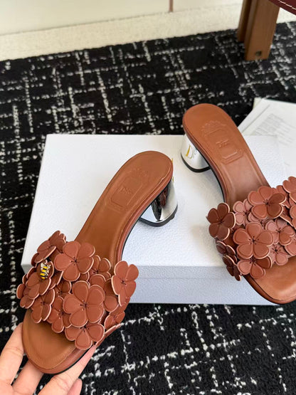 CD Bloom Mules 4.5CM Brown Leather Flowers Bee Accent 966854