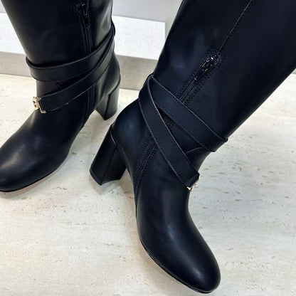 CD Michael Kors Hamilton Boots Gold Chain Buckle Black Leather