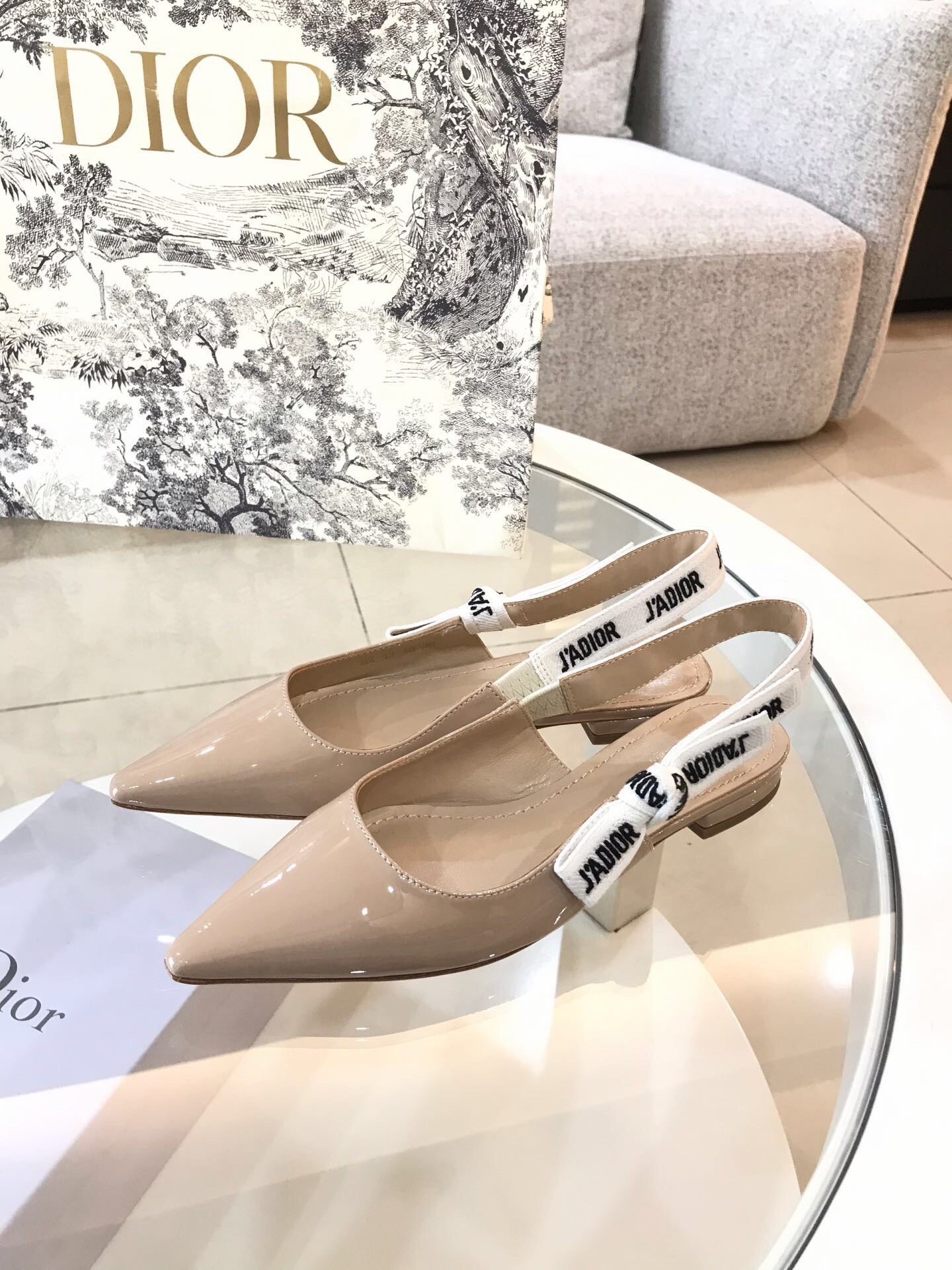 CD Slingback Pumps Beige Patent Calfskin