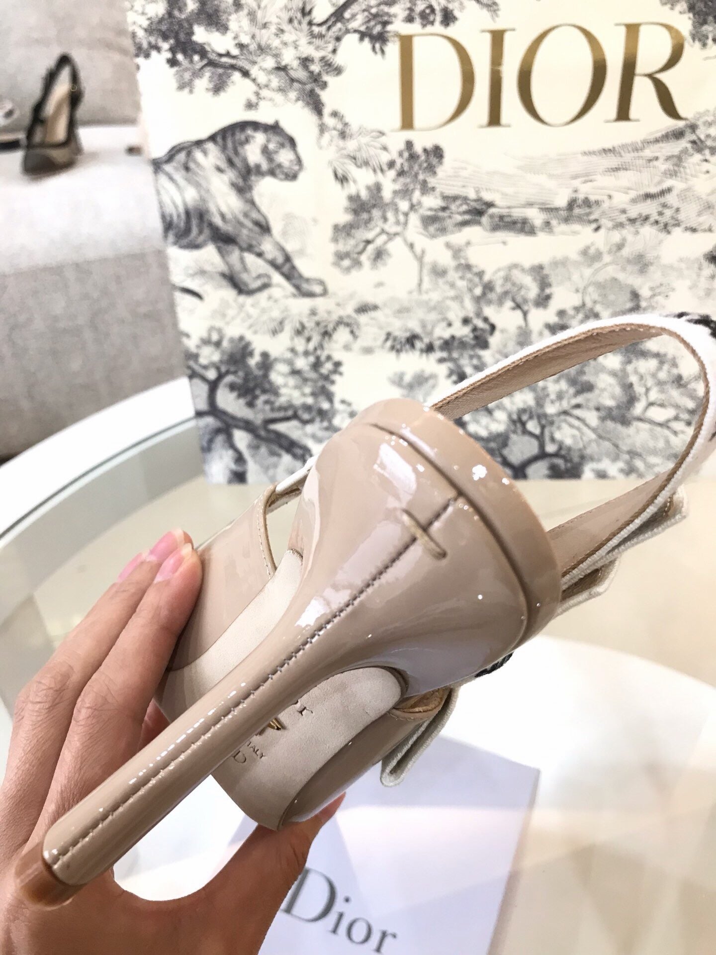 CD Slingback Pumps Beige Patent Calfskin