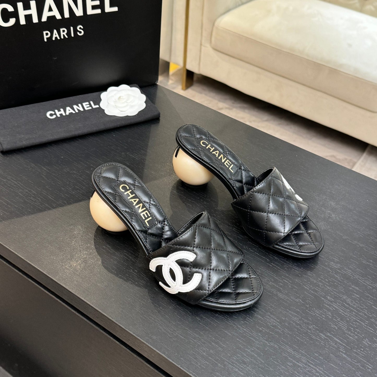 Chanel 2026 Double C Giant Pearl Heel Quilted Sandal 7cm Sheepskin 672903