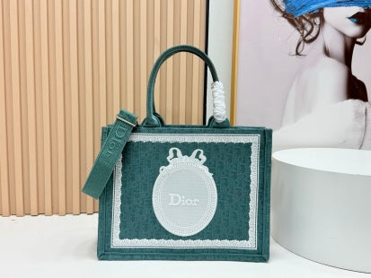 Dior Dioramour Book Tote Teal Green Dior Oblique Embroidery with White Lace