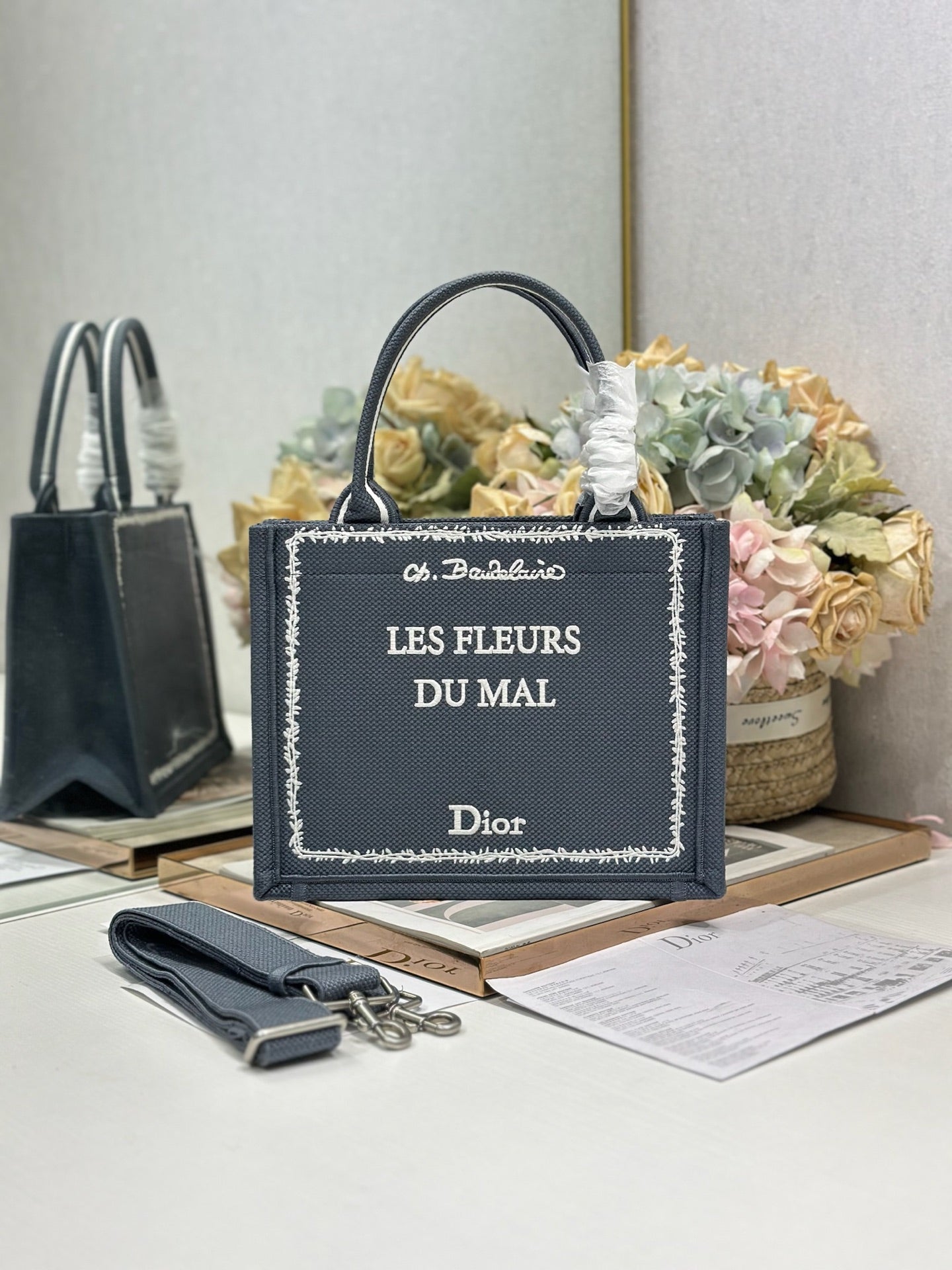 CD Les Fleurs du Mal Book Tote Grey Canvas