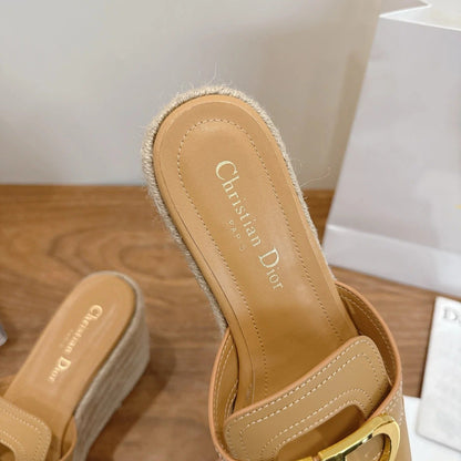 Dior 2026 CD Logo Wedge Sandals 95mm Straw Leather 911783