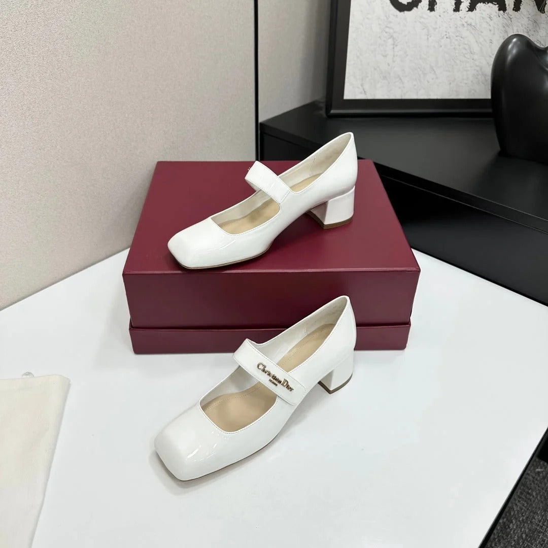 Dior 2026 Square Toe Velcro Chunky Heel Mary Jane Shoes 50mm Patent Leather