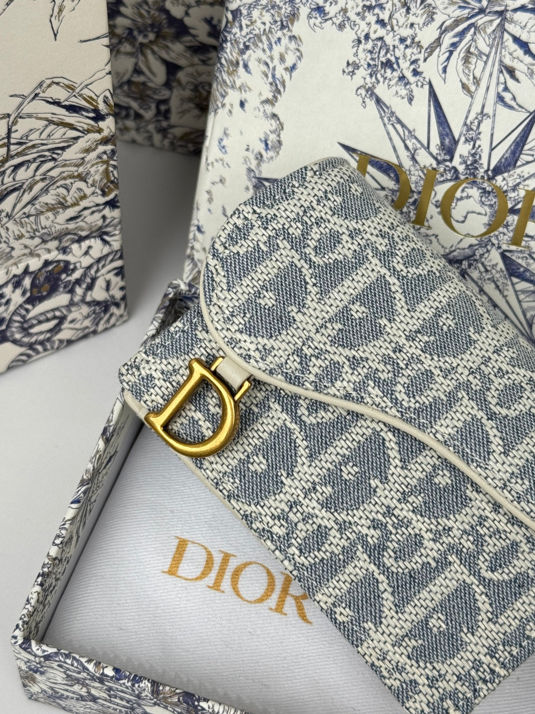 CD Saddle Lotus Wallet 10.5cm White Grey Jacquard GHW