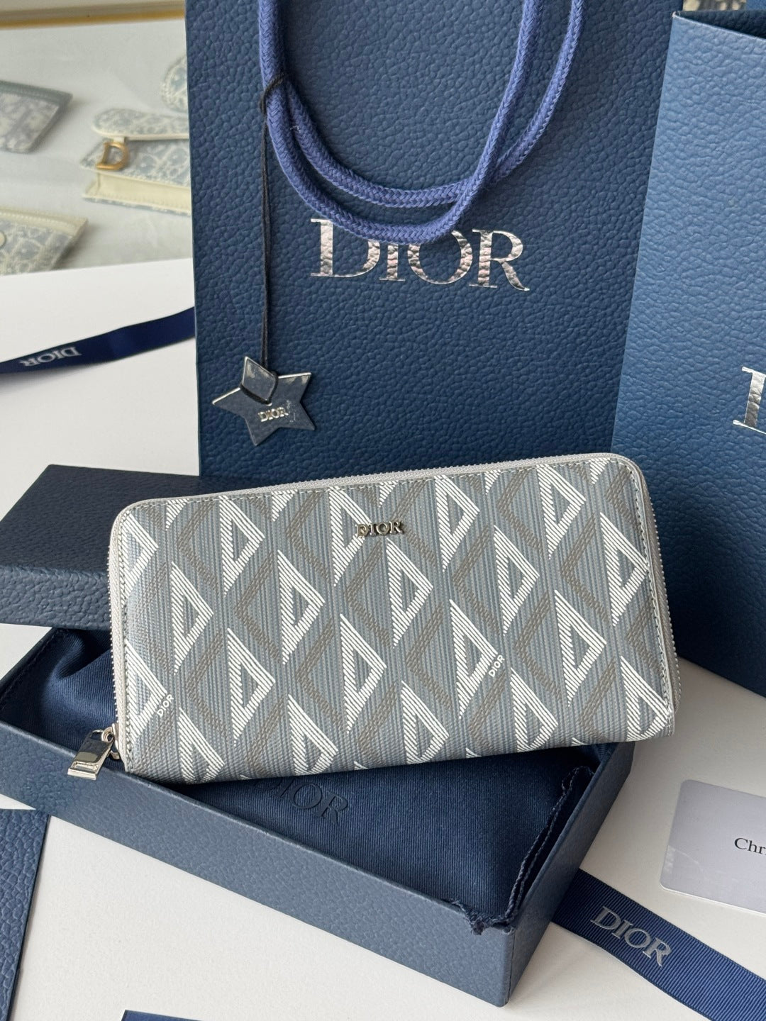 CD Diamond Zipped Long Wallet Grey White Canvas & Cowhide