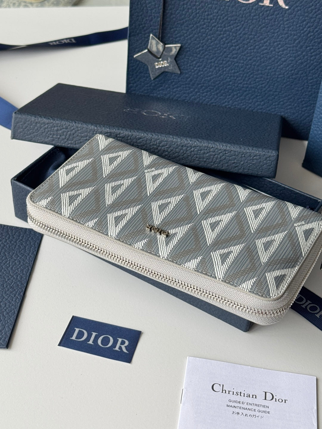 CD Diamond Zipped Long Wallet Grey White Canvas & Cowhide