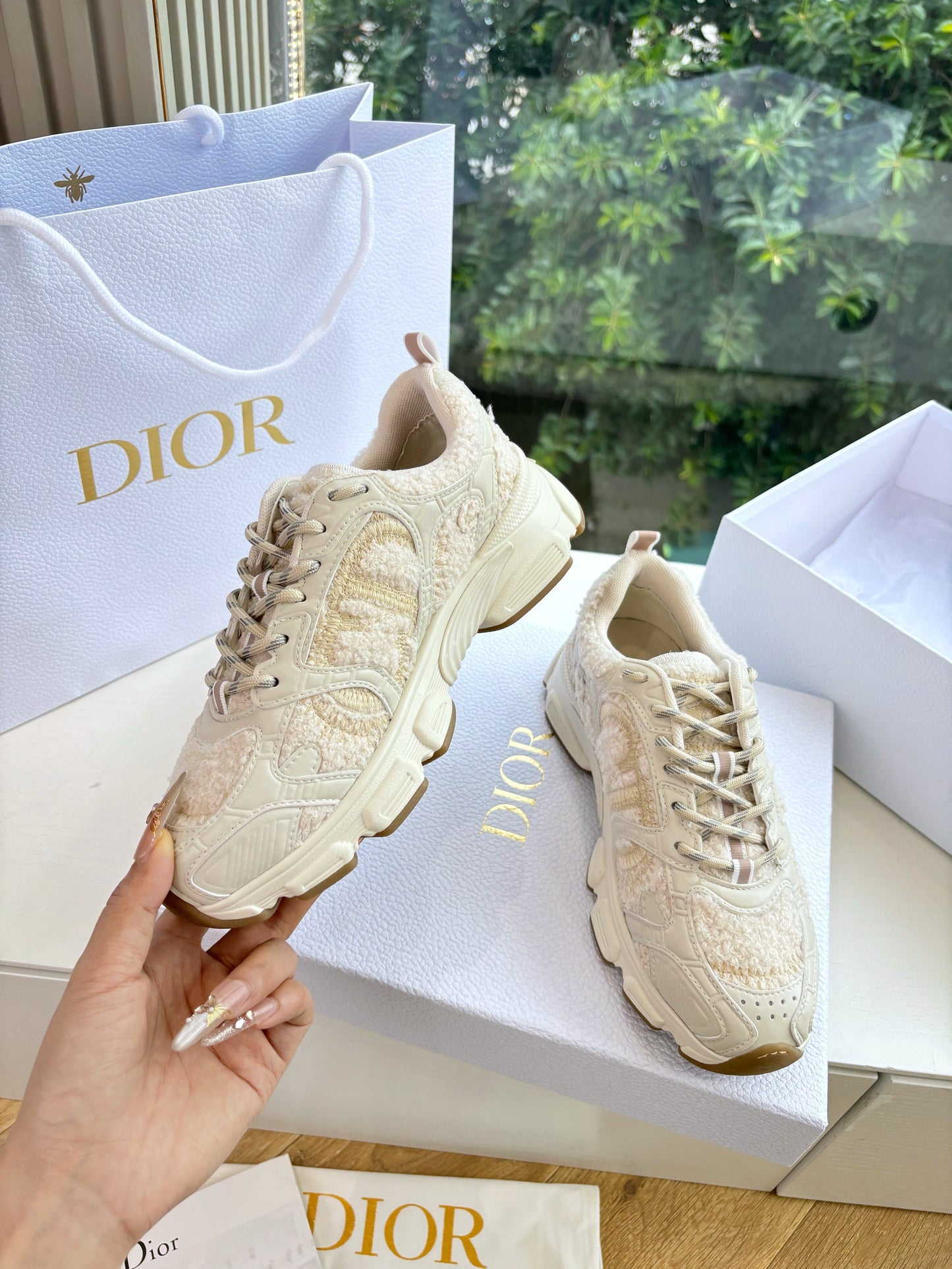 Dior Chrono Sneaker Beige Technical Wool and Leather 506845