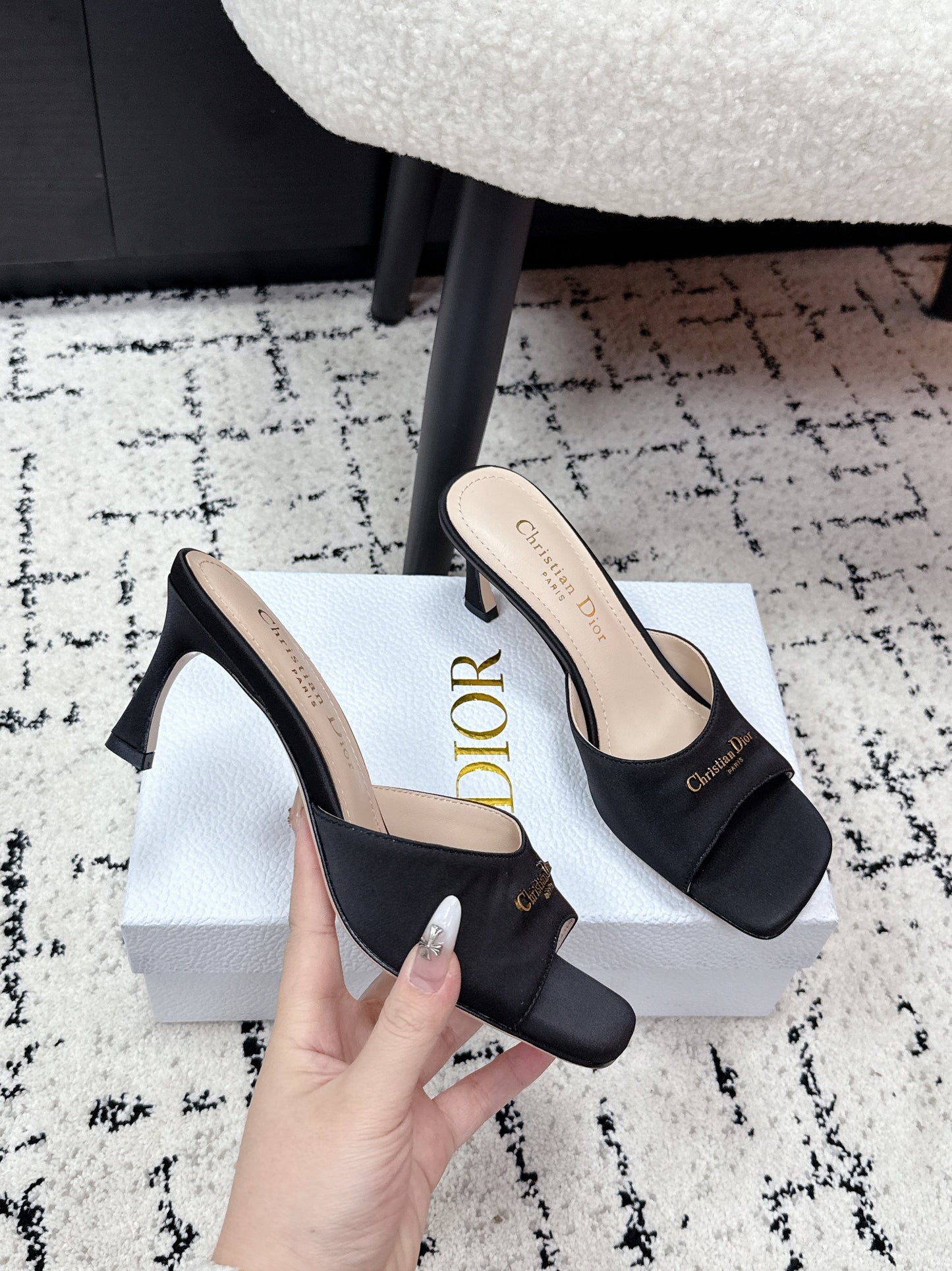 CD Square-Toed Sandal Black Satin 617518