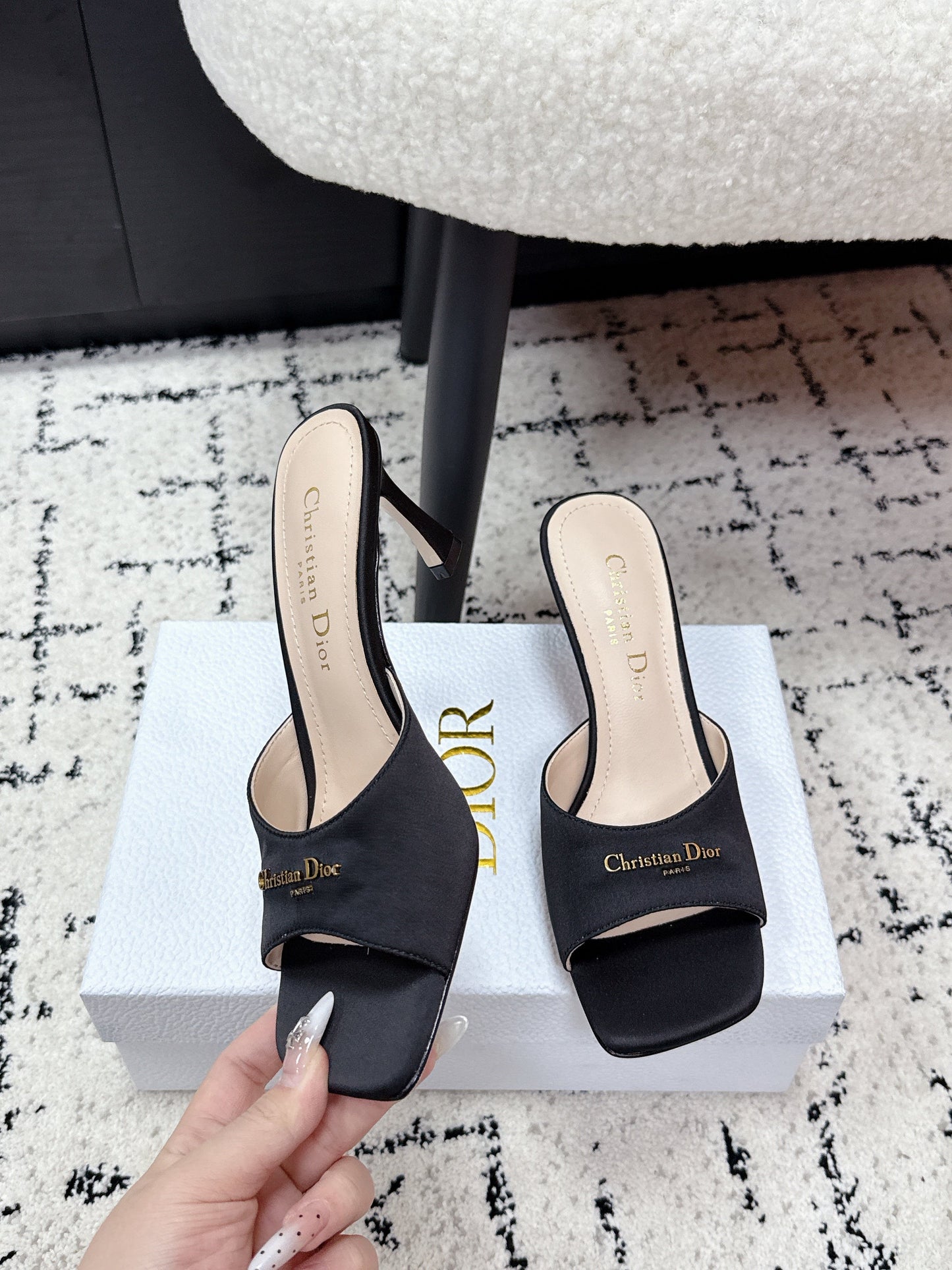 CD Square-Toed Sandal Black Satin 617518