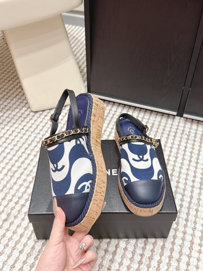 CC 26s Rope-Soled Sandals Navy Blue White Canvas Leather 652563