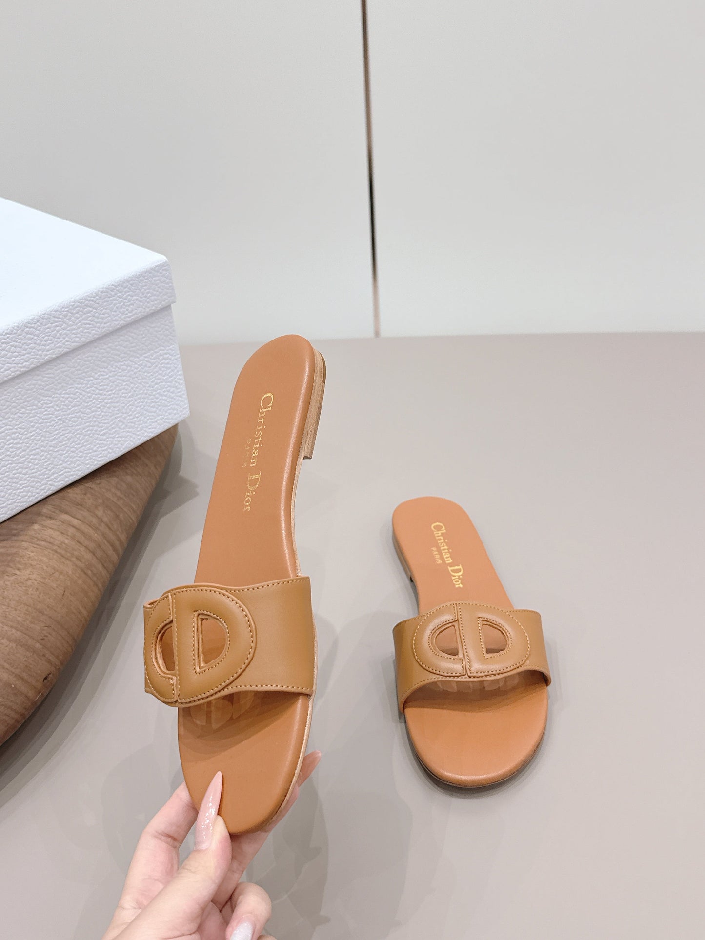 CD 26s Round-Toe Slide Sandals Tan Calfskin 738238
