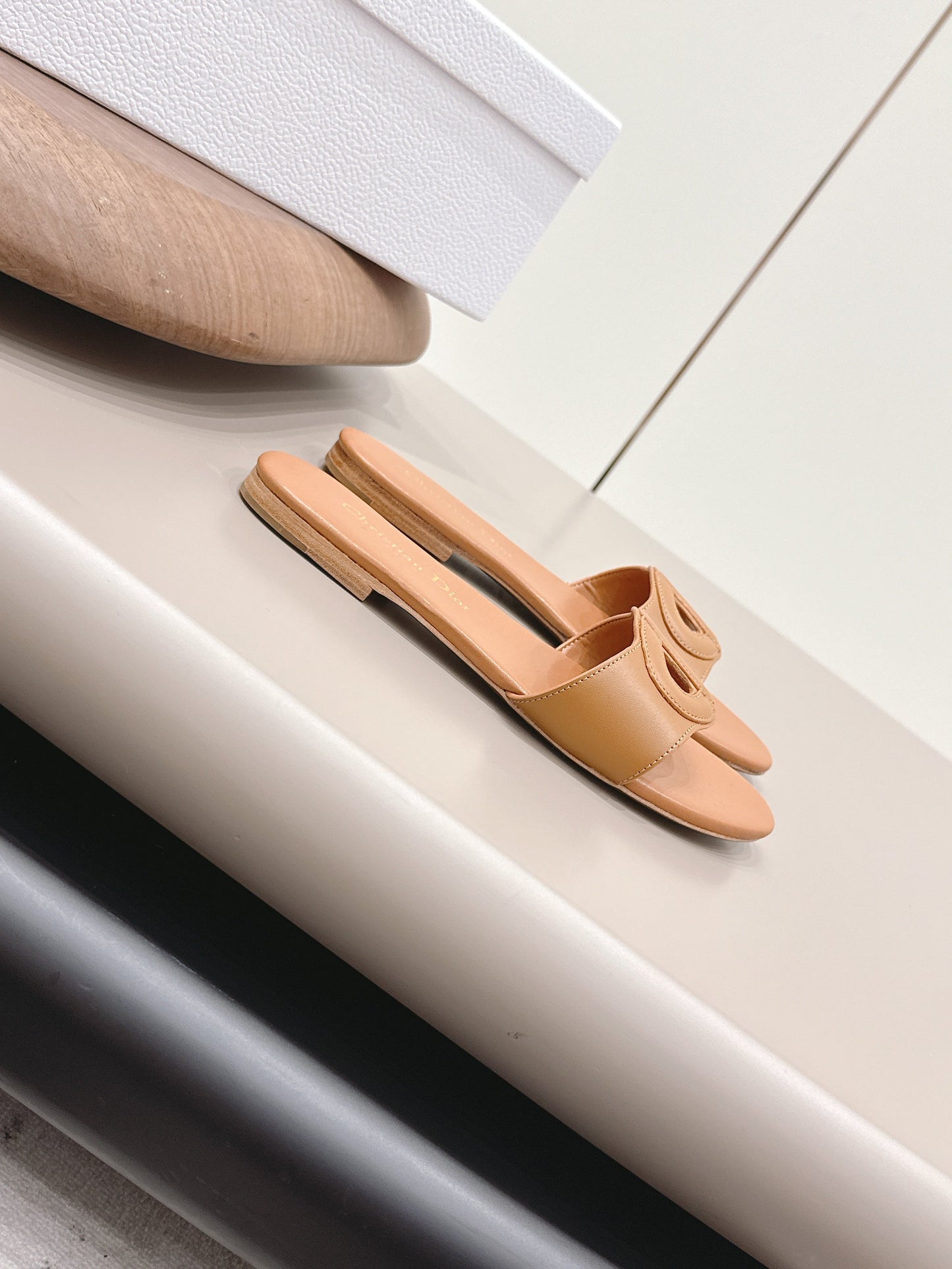 CD 26s Round-Toe Slide Sandals Tan Calfskin 738238