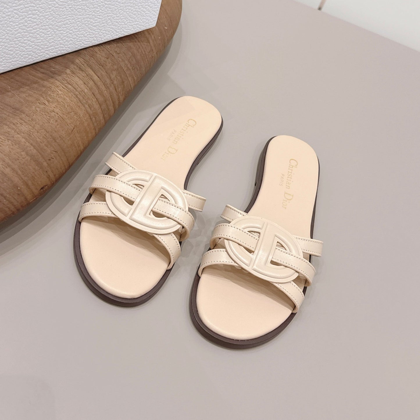 CD 26s D-Club Slide Sandal Beige Calfskin 738247