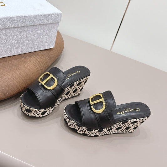 CD 30 Montaigne Wedge Slides 8cm Black Calfskin 738317