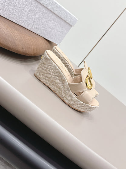 CD 30 Montaigne Wedge Slides 8cm Light Beige Calfskin 738319