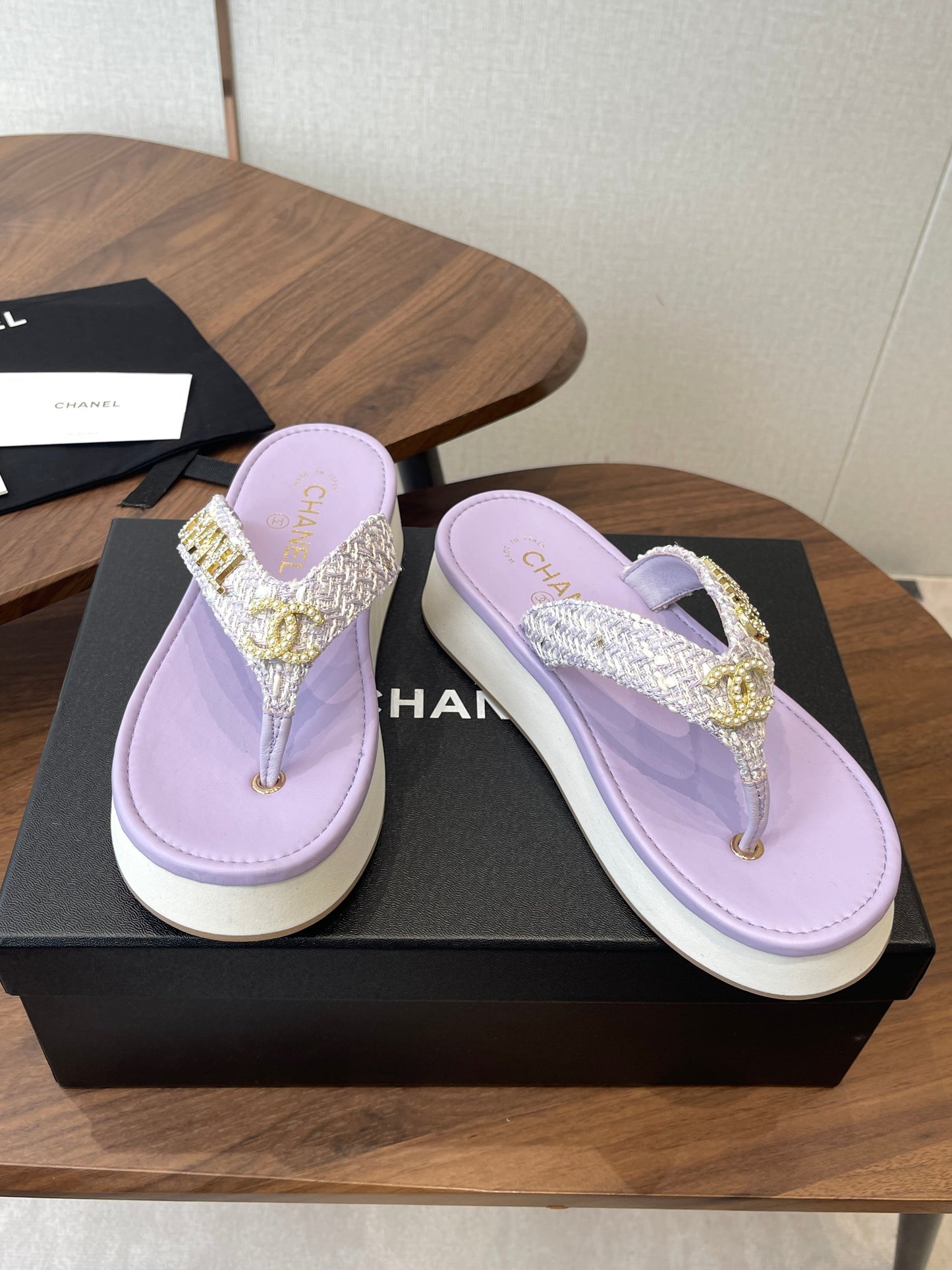 Chanel 2026 Thong Sandal Platform Tweed Gold Logo Details 790372