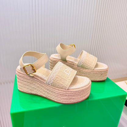 CD Dentelle Wedge Sandals Light Beige Cotton 832470
