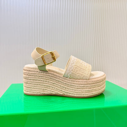 CD Dentelle Wedge Sandals Light Beige Cotton 832470