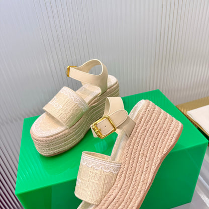 CD Dentelle Wedge Sandals Light Beige Cotton 832470