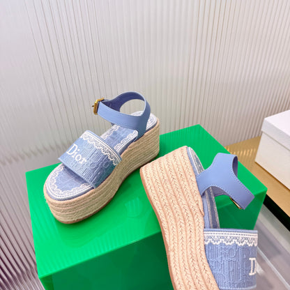 CD Dentelle Wedge Sandals Light Blue Cotton 832471