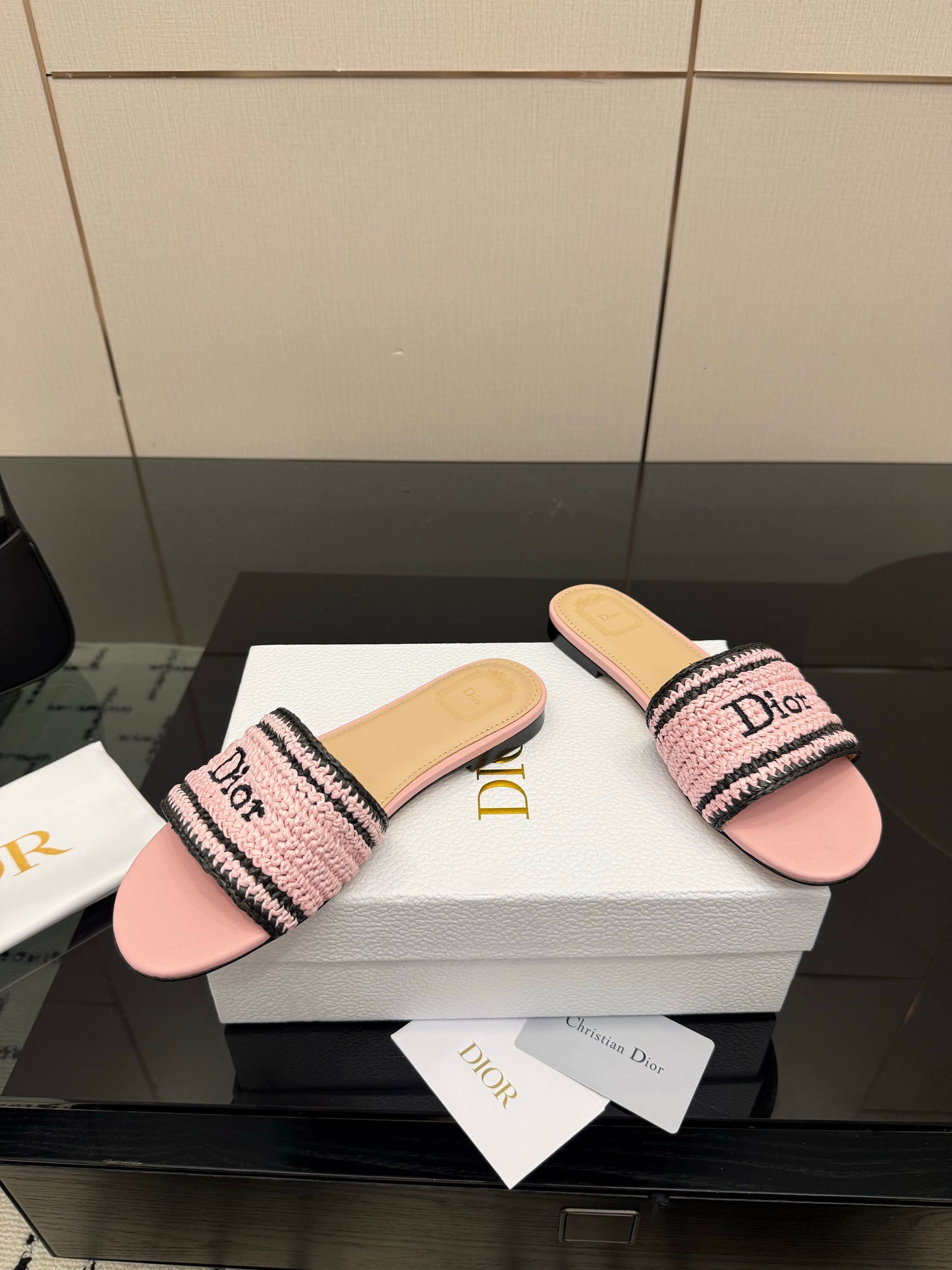 CD Dioriviera Woven Slides Pink Fabric Goatskin 828259
