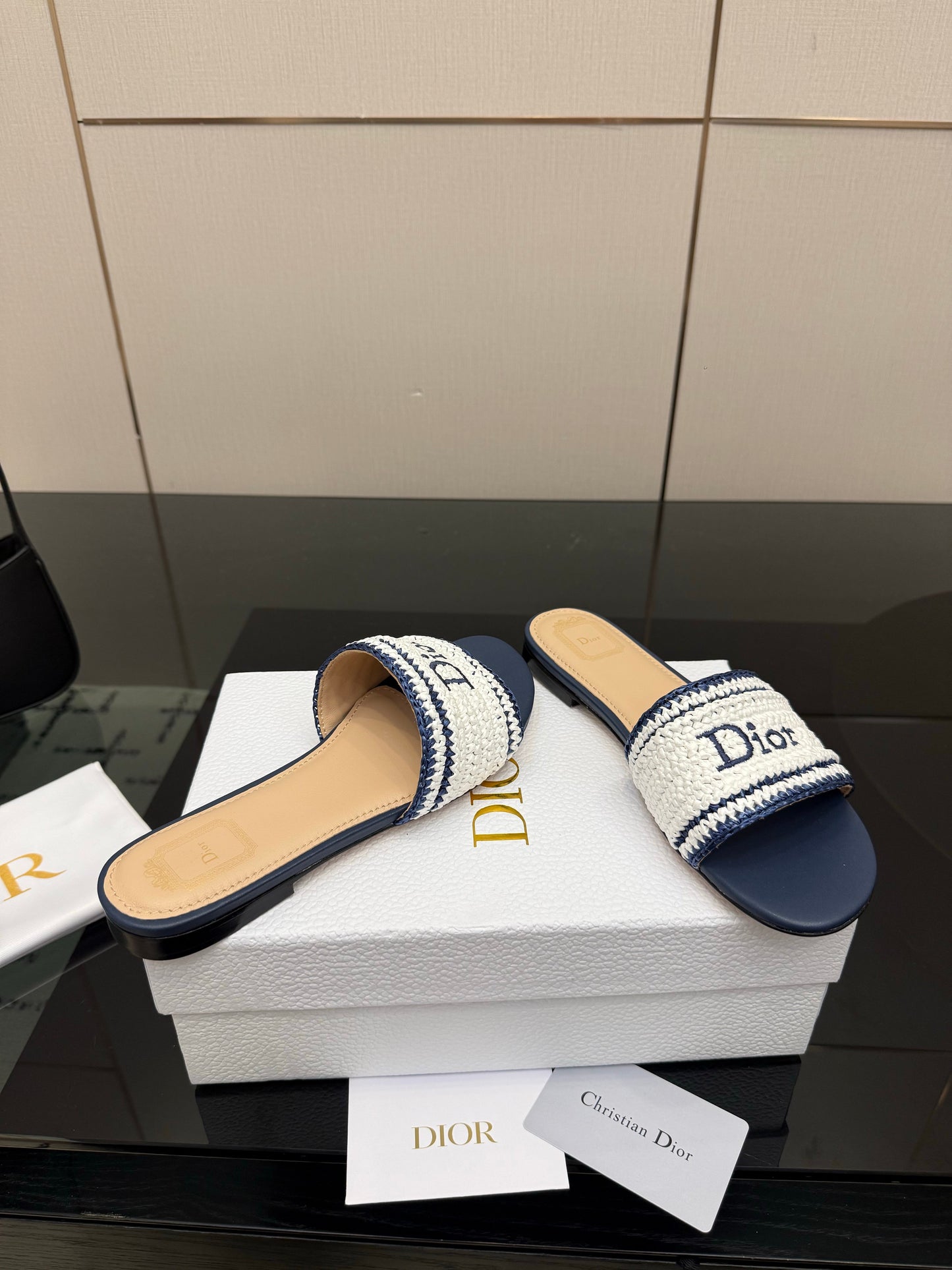 CD Dioriviera Woven Slides White Blue Fabric Goatskin 828262