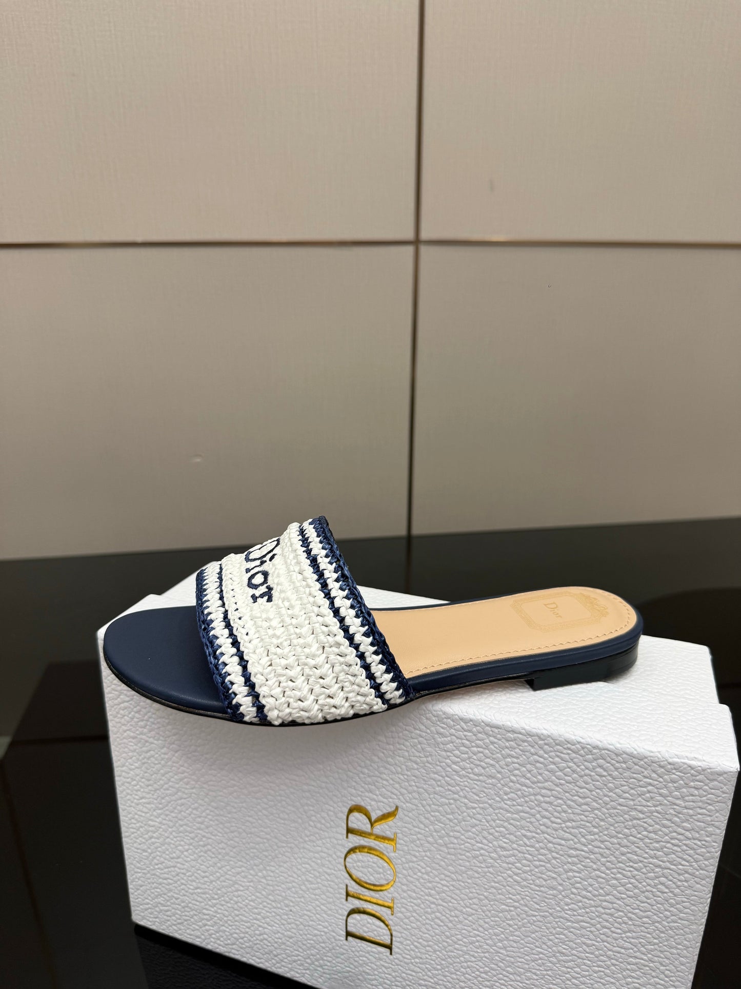CD Dioriviera Woven Slides White Blue Fabric Goatskin 828262