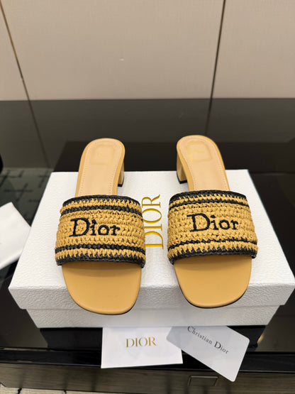 CD Dioriviera Woven Slides 4cm Beige Fabric Goatskin 828263