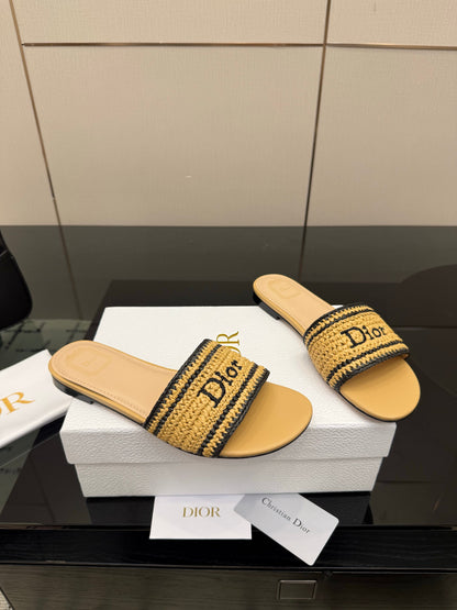 CD Dioriviera Woven Slides Beige Fabric Goatskin 828264