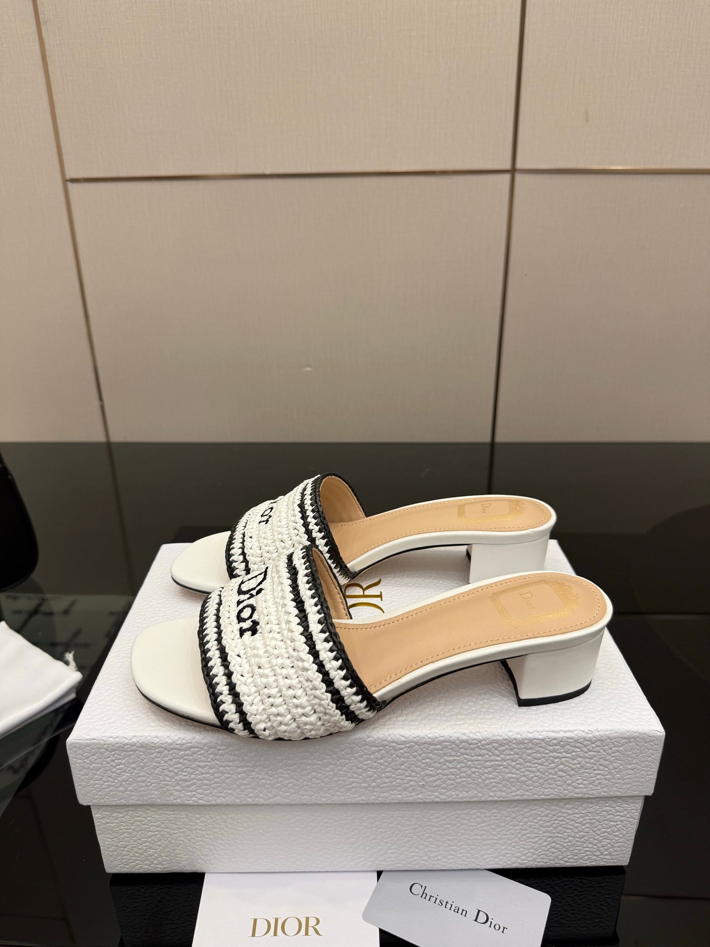 CD Dioriviera Woven Slides 4cm White Fabric Goatskin 828265