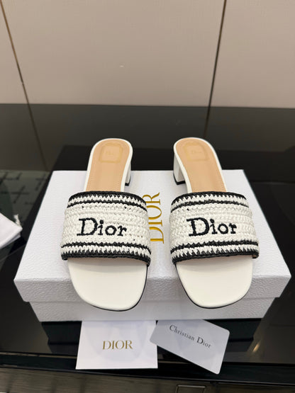 CD Dioriviera Woven Slides 4cm White Fabric Goatskin 828265