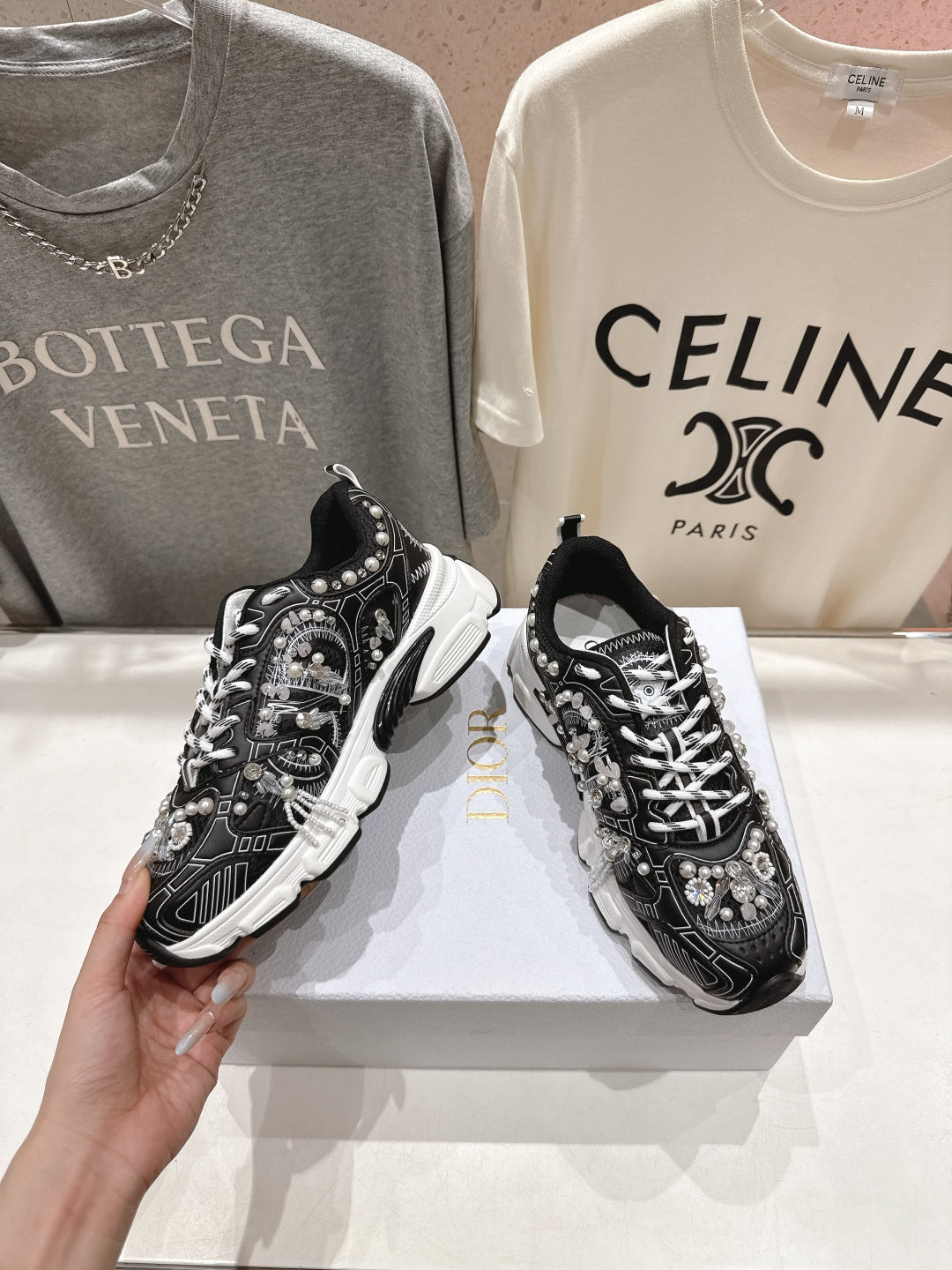 CD 25s Sneaker In Black Lambskin And Mesh Fabric With Pearl Detailing
