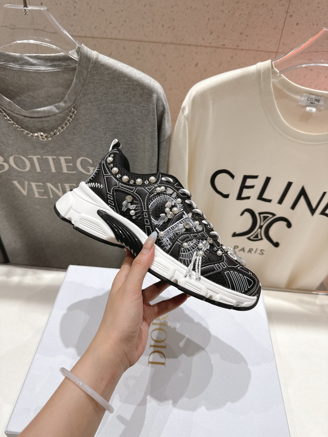 CD 25s Sneaker In Black Lambskin And Mesh Fabric With Pearl Detailing