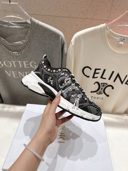 CD 25s Sneaker In Black Lambskin And Mesh Fabric With Pearl Detailing