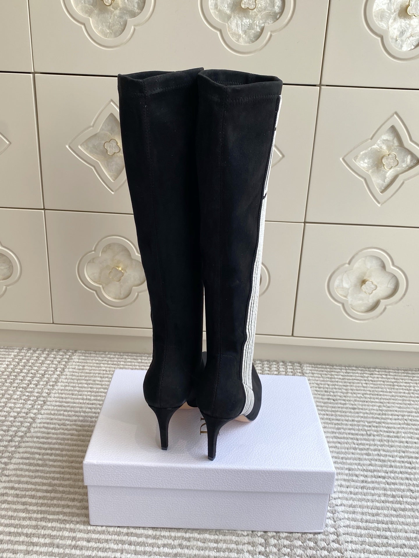 Dior 2025 Tribales Heeled Ankle High Boot 80mm Black White Suede 501198